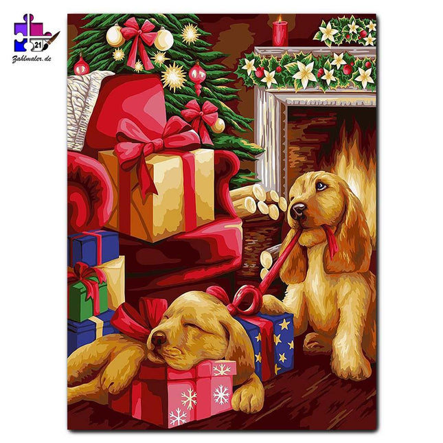 Welpenwunder zu Weihnachten - kleine Spaniel | Malen nach Zahlen-Zahlmaler.de