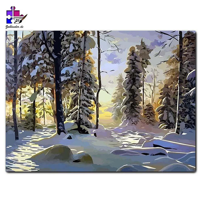 Winterlandschaft im Wald im Sonnenschein | Malen nach Zahlen-Zahlmaler.de