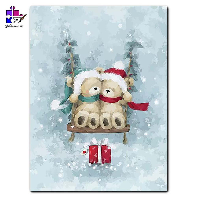 Zwei Weihnachtsbärchen auf der Schaukel | Malen nach Zahlen-Zahlmaler.de