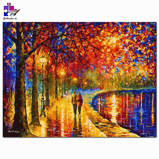 Abstrakt: Spazierendes Pärchen unter Laternen | Malen nach Zahlen-Zahlmaler.de