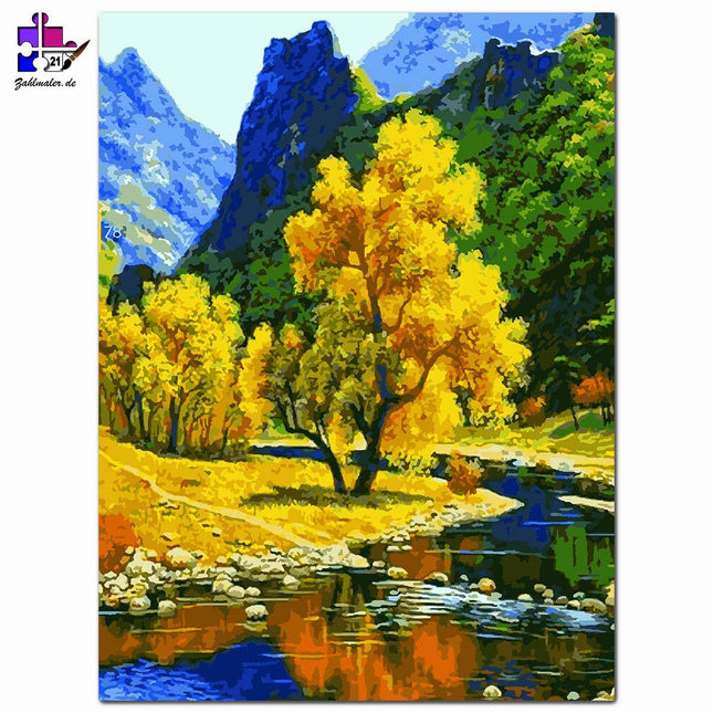 Der gelbe Baum neben dem Fluss | Malen nach Zahlen-Zahlmaler.de