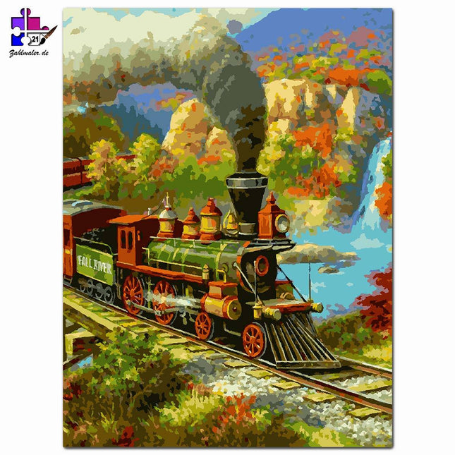 Der Wasserfall neben der Lokomotive | Malen nach Zahlen-Zahlmaler.de