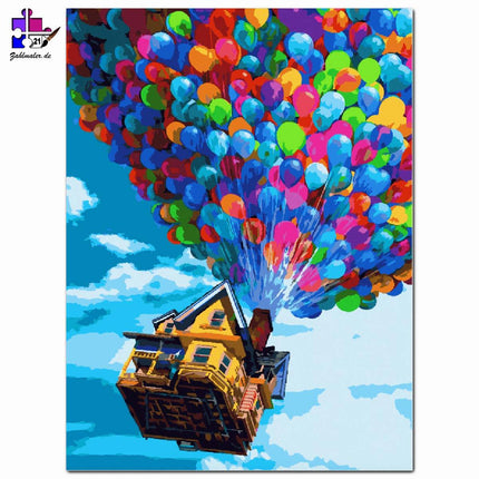 Fliegendes Haus mit Luftballons | Malen nach Zahlen-Zahlmaler.de