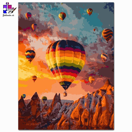 Heissluftballons im Sonnenuntergang | Malen nach Zahlen-Zahlmaler.de
