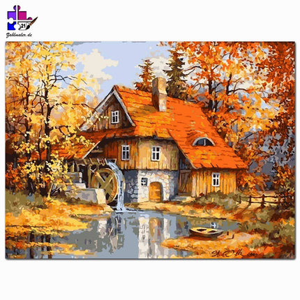 Das Mühlenhaus am Fluss | Malen nach Zahlen-Zahlmaler.de