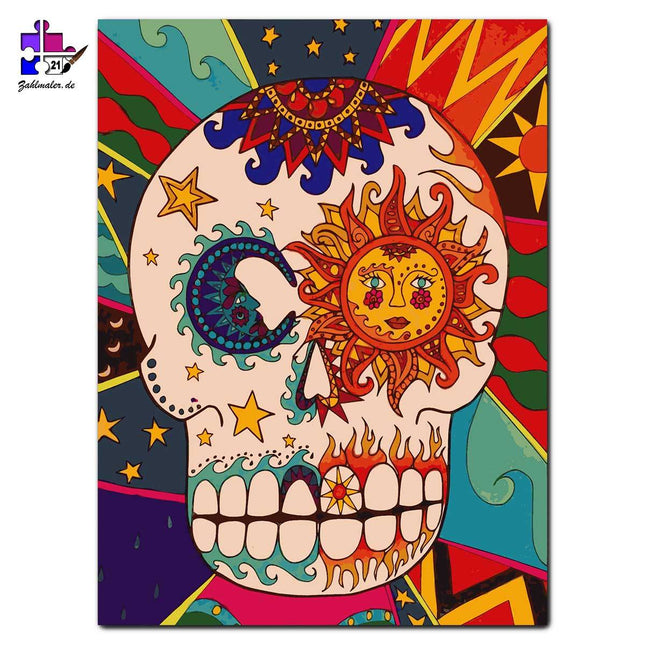 Mexikanischer Zuckerschädel Sonne & Mond | Malen nach Zahlen-Zahlmaler.de
