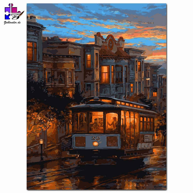 Retro-Tram im Sonnenuntergang | Malen nach Zahlen-Zahlmaler.de